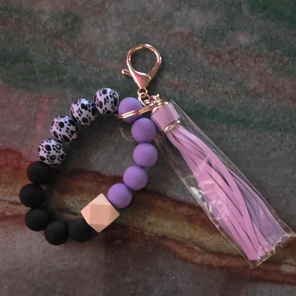Purple and Black Beaded Wristlet Bagcharm with Tassel Keychain